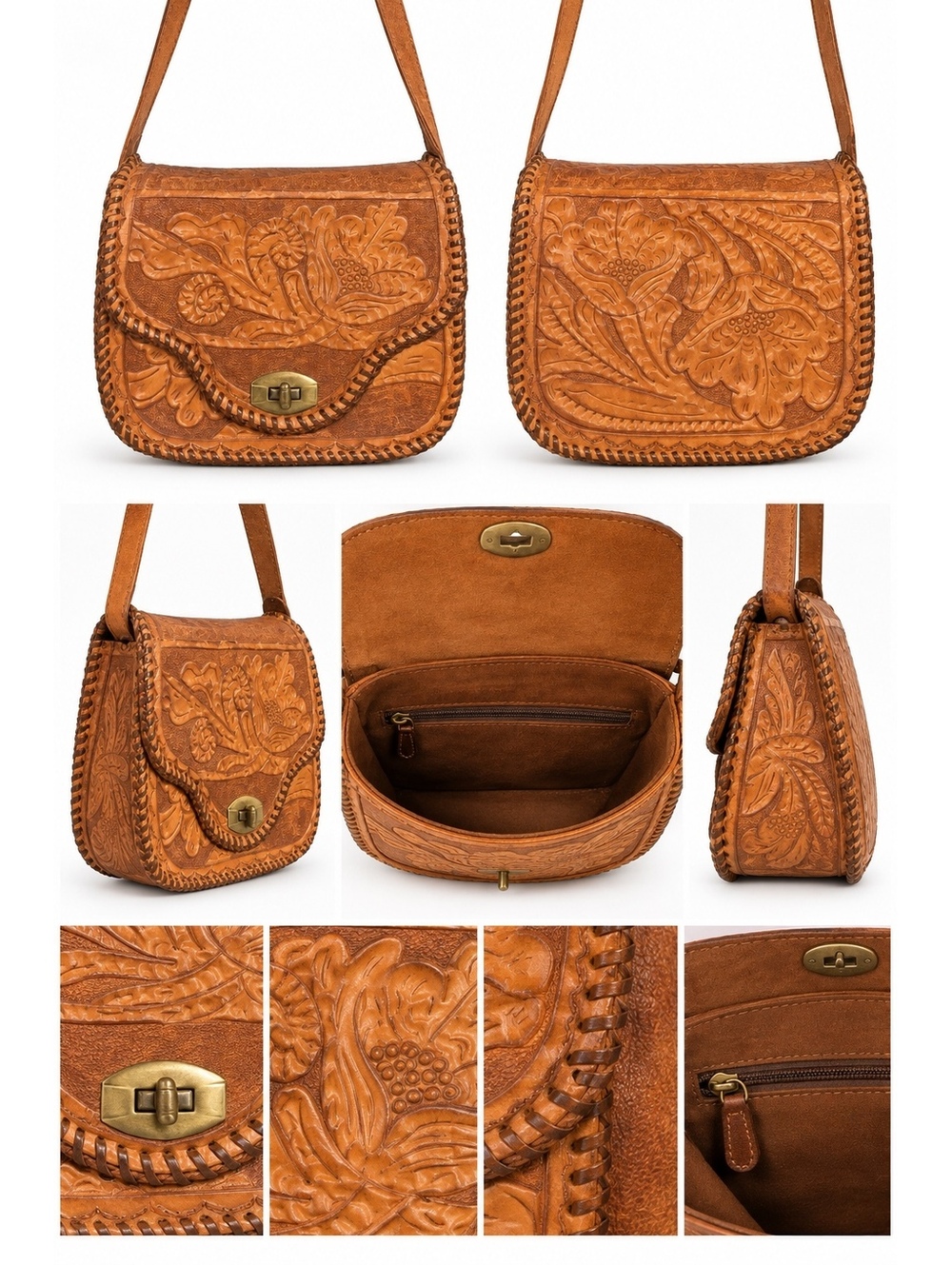 Tooled tan leather crossbody flap bag